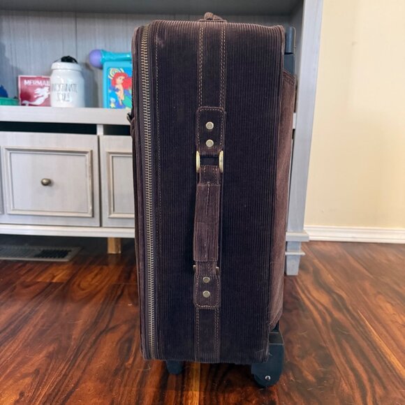 VTG Y2K ROXY Brown Corduroy Rolling Suitcase With Buckle Detail Zippers & Retrac - Picture 4 of 9